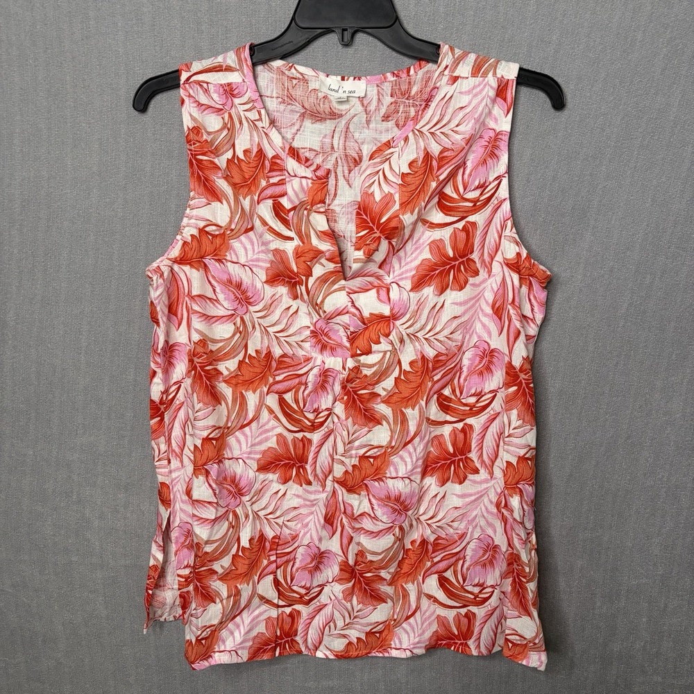 land 'n sea Pink White Floral V-Neck Sleeveless Linen Tunic Tank Top Large Beach